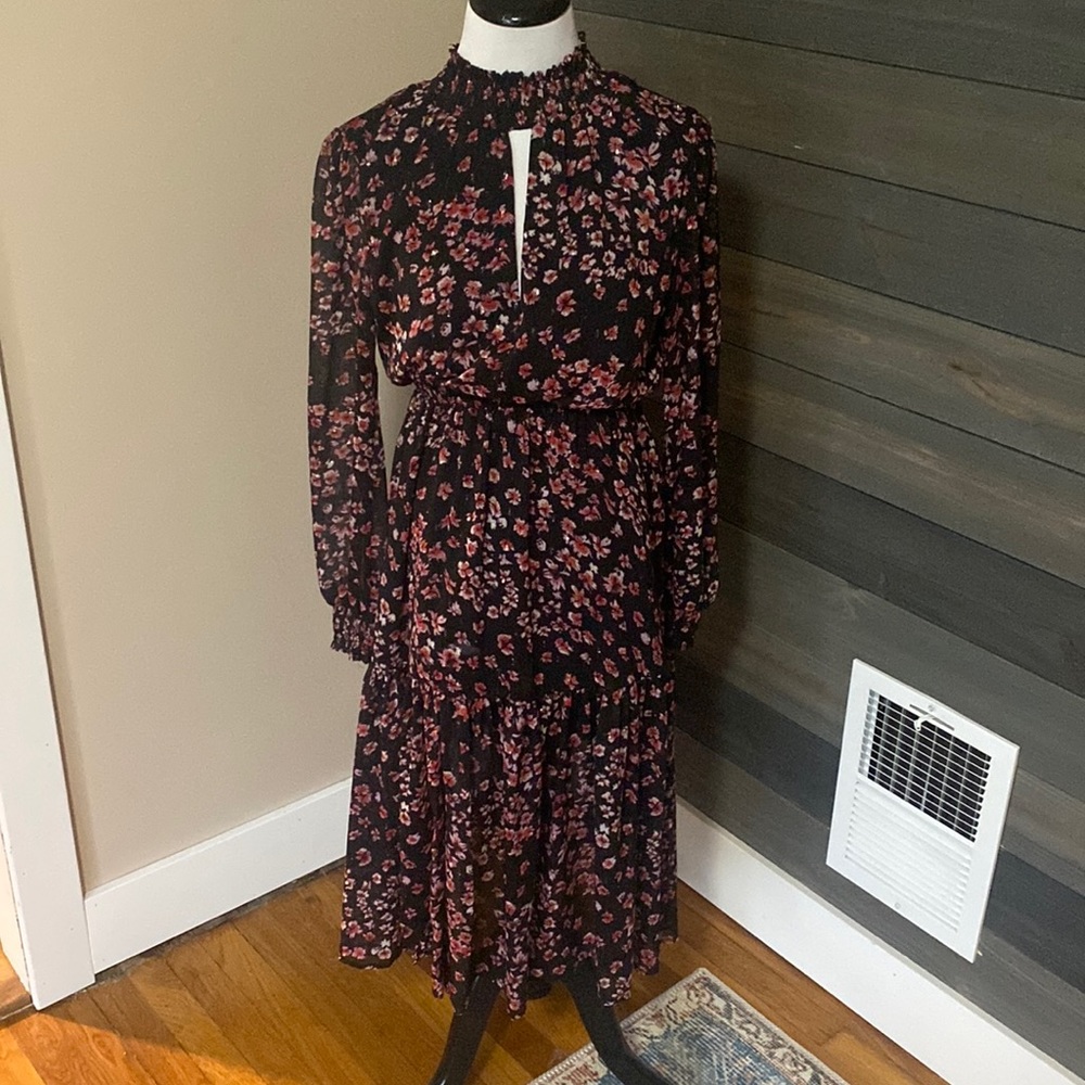 Black Floral Long Sleeve Midi Dress